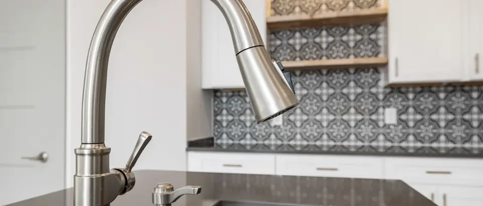 A brushed steel kitchen faucet over a deep sink in a bright kitchen