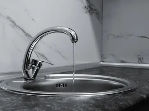 Water running from a chrome faucet into a round steel sink