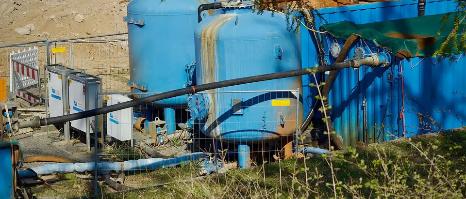 Large blue tanks and piping of a water filtration system outdoors in the sun