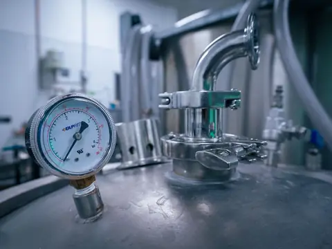A pressure gauge on a stainless steel tank